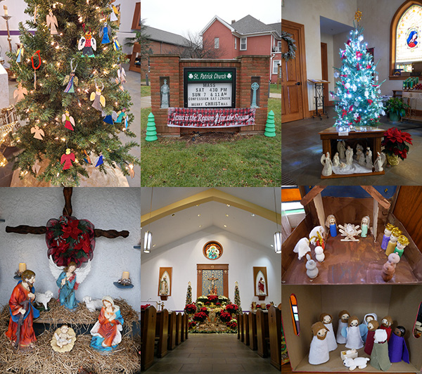 collage of images including angel ornaments on tree, sign with Mass schedule, tree with Nativity, Nativity, front of church with pews, Nativity scenes with figures